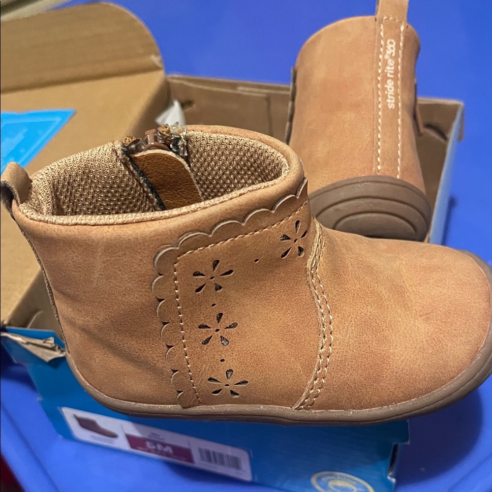 Stride Rite Tan Kids Boots with Floral Cutouts
